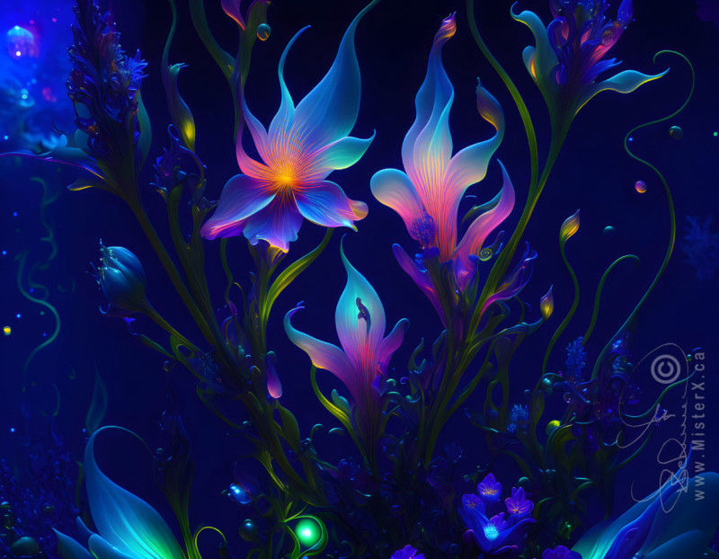 A blue underwater scene with fantasy glowing kelp-like flowers.
