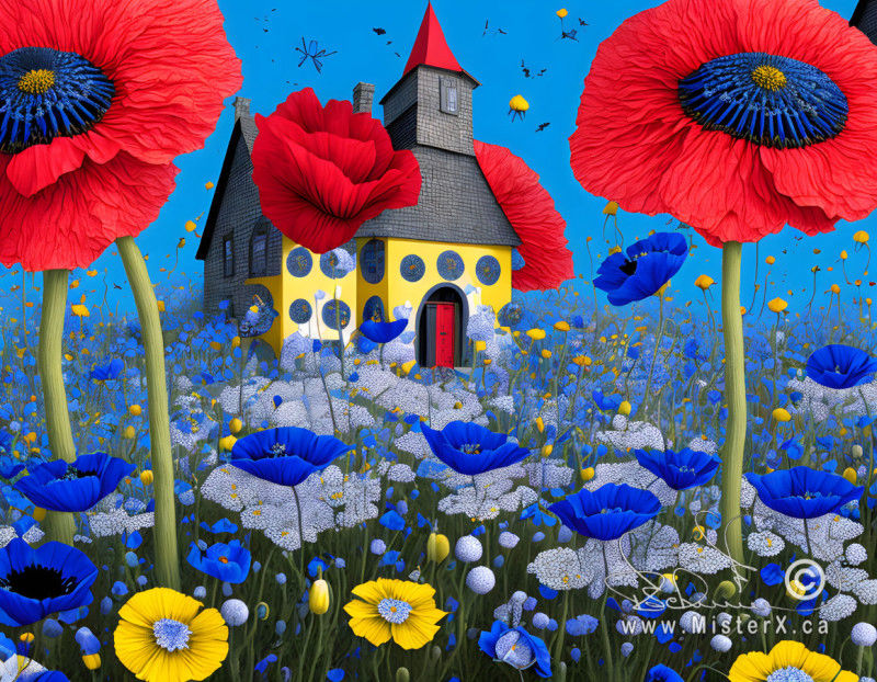 An old yellow school house with a bell atop is seen under a vivid blue sky and in a field full of multi colored flowers.