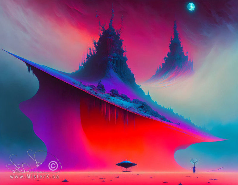 A psychedelic sci-fi scene in red, purple and blue that shows a mountain on a slanted pedestal.