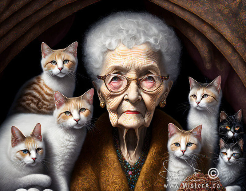 A well kept elderly woman is seen with seven of her assorted cats.