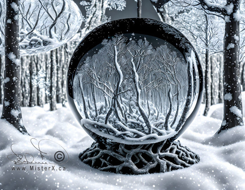 A glass sphere is set in a winter scene with sparkly snow and trees in the background.