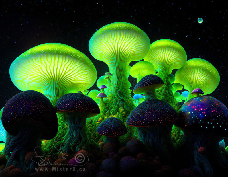 A group of glowing lime green mushrooms at night, lighting their surroundings.