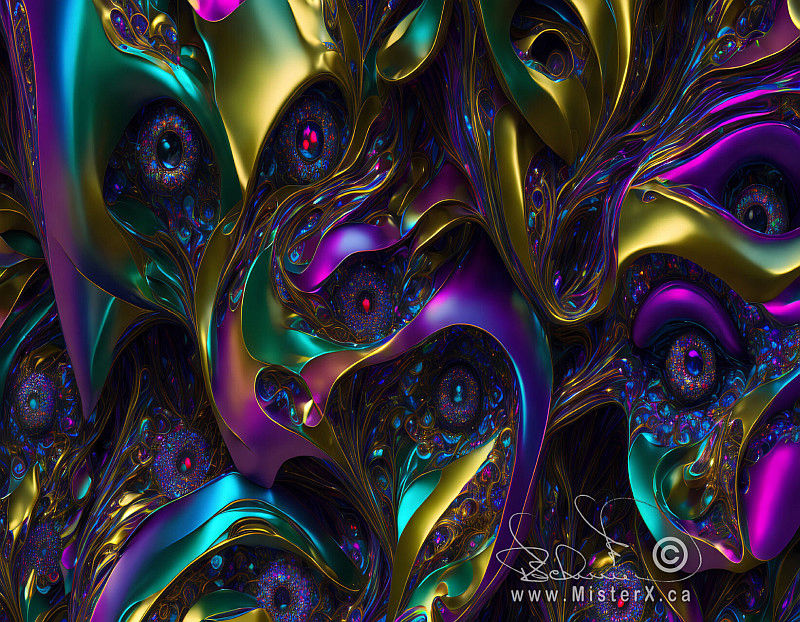 An abstract picture made from metallic rainbow shapes. Irises and pupils hidden amongst them.