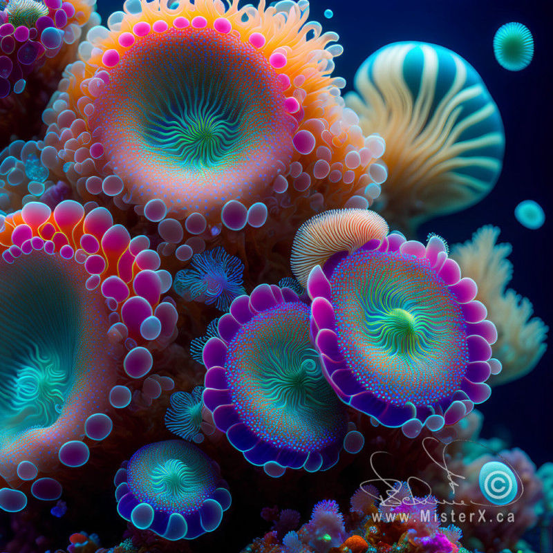 A colorful underwater close up scene of sea anemones in assorted neon tones.