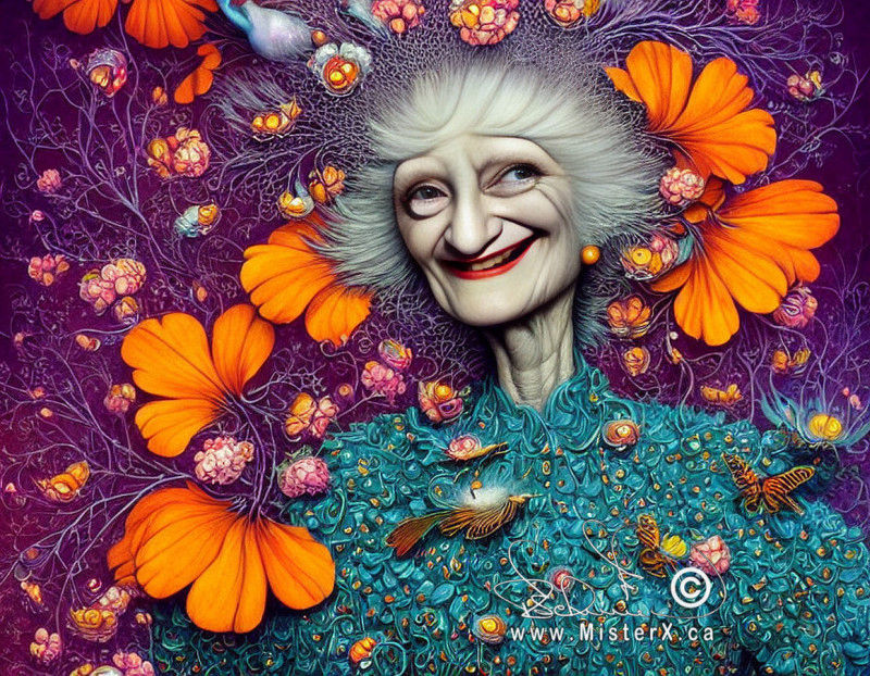 A tribute to Phyllis Diller which shows her face and upper body against a purple background with orange flowers.