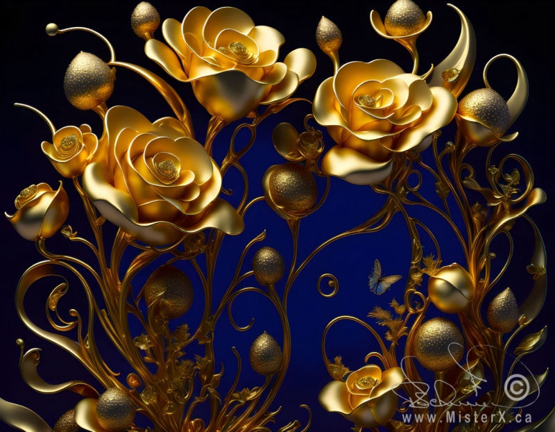 Metallic golden roses and stems are seen against a blue-black background.