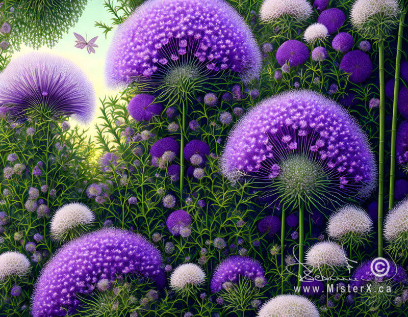 An image filled with green and purple. Giant hogwort flowers, chives flowers, and dandelion heads that have gone to seed.
