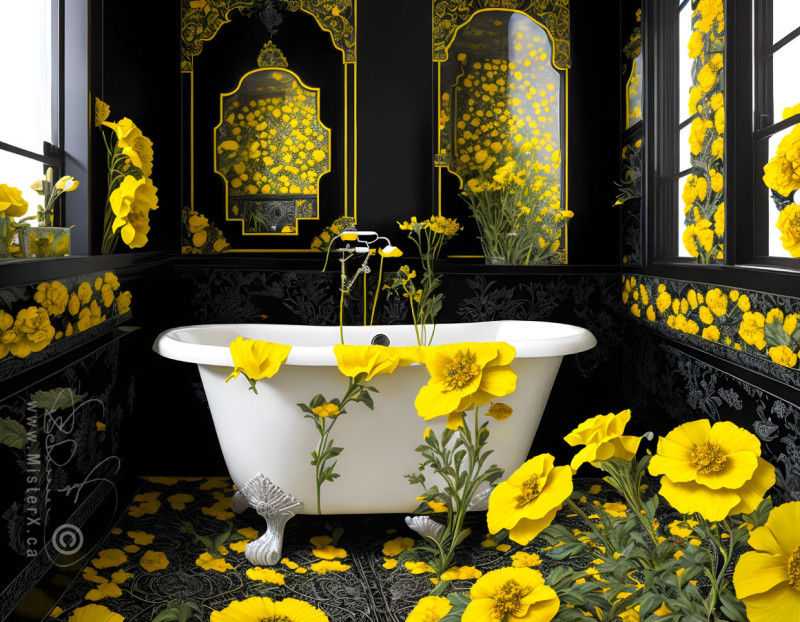 A white bath tub is center stage in a black bathroom covered in yellow marigold flowers.
