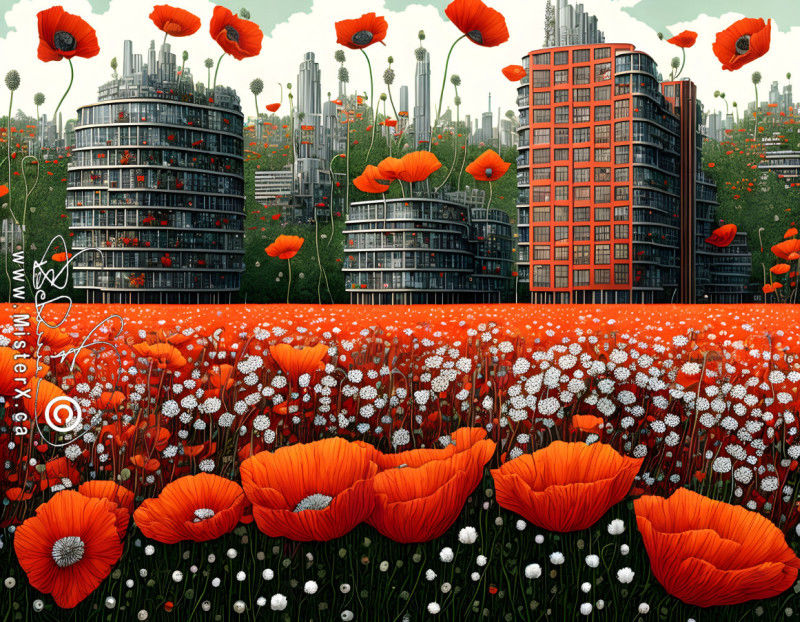 Lower half of pictures shows red poppies and small white flowers populating a field. Upper half shows apartment buildings covered in huge red poppies.