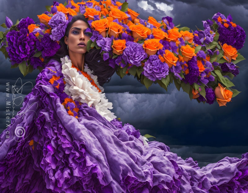 A woman wearing a huge headdress made from purple and orange flowers. She is in a huge purple fabric and seen against a dark stormy sky.