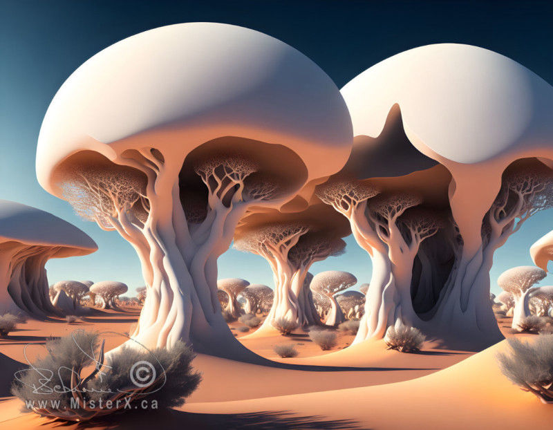 Hot desert image with trees that have protected domes on them and their branches growing underneath.