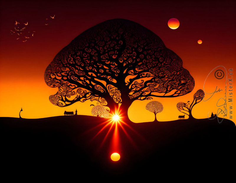 A dark silhouette of a stylized tree set against a slowly changing gradient sunset sky with planets.