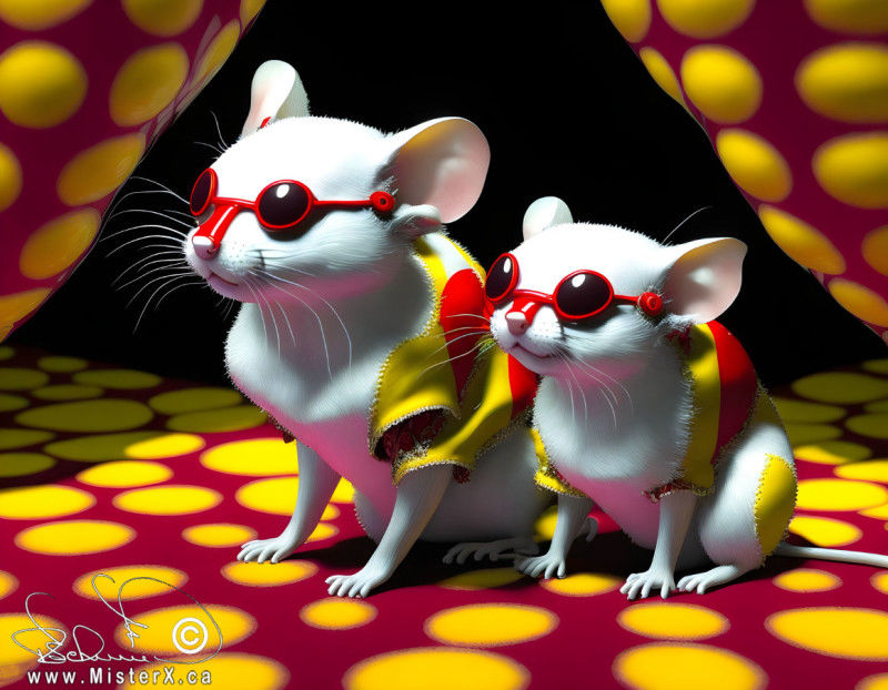 White mice with red glasses wear red and yellow outfits in a red surroundings with yellow spots.