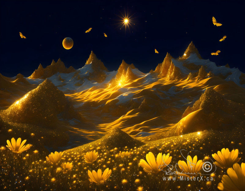 Golden daisies are seen in a hilly landscape made of gold dust. A distant sun can be seen in the dark sky that has golden butterflies in it.