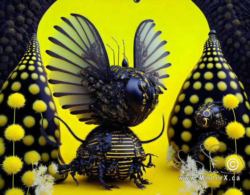 Insect-like mechanical surveillance robots are seen in a bright yellow and black environment.