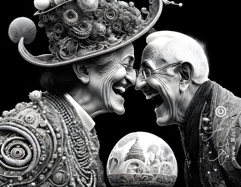 A black and white image of an older couple laughing hysterically while their noses touch each other.