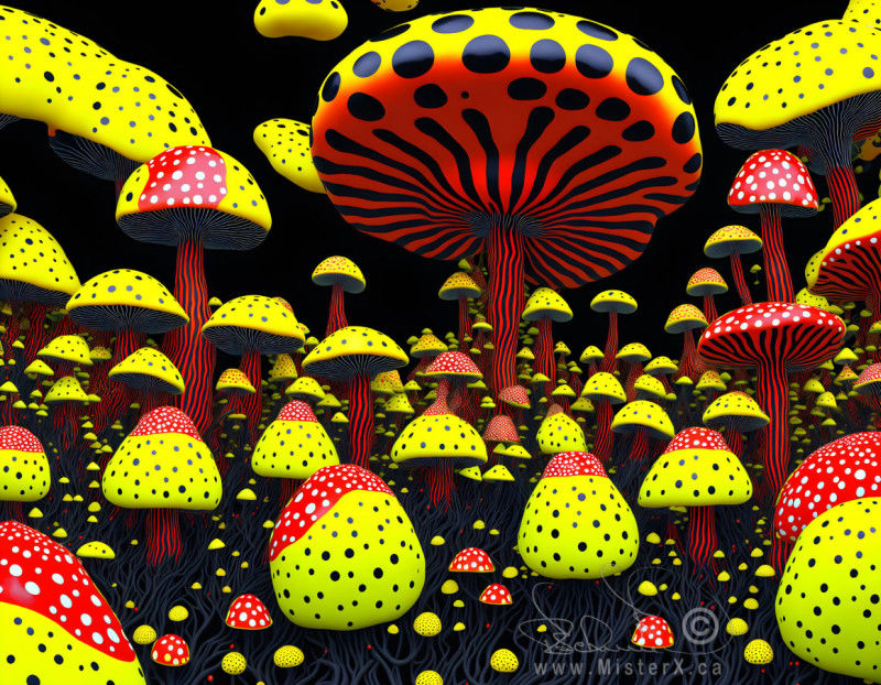 Poisonous looking black, yellow, and red toadstools set against a black background.