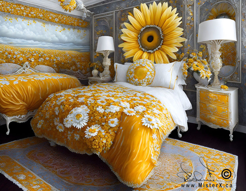 A comfortable looking bed sits under a giant yellow daisy flower. The rug, wallpaper, and comforter all appear to made of daisies.