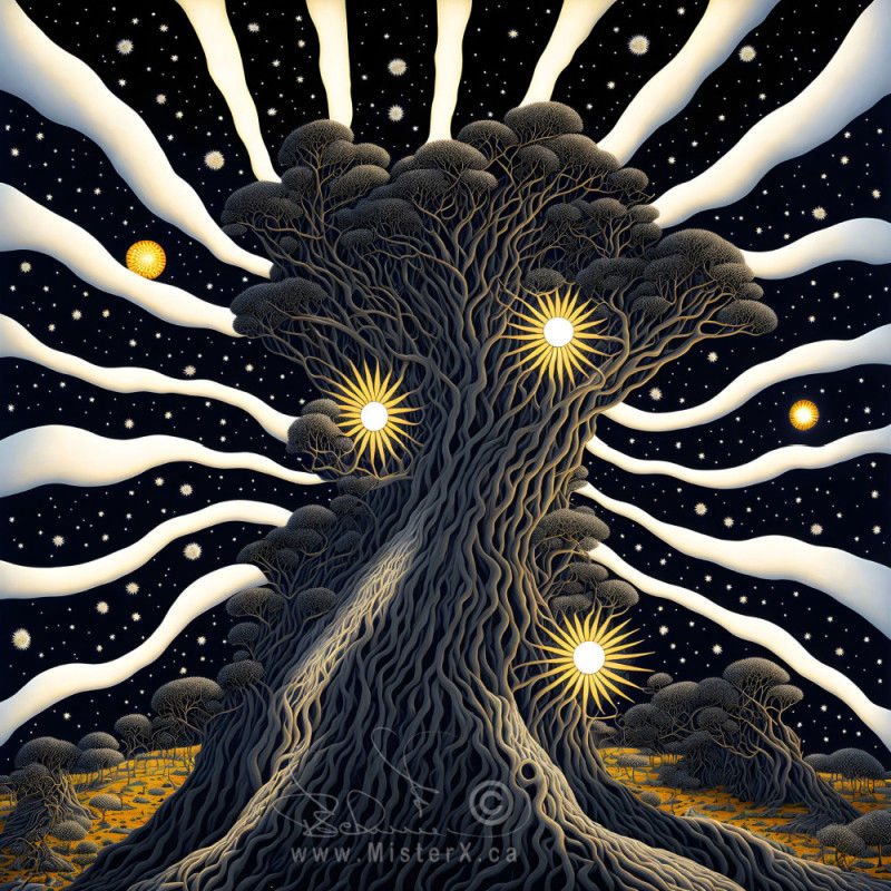 A surreal detailed tree with sunlight peeking through it is set against a starry night sky with clouds radiating around it.