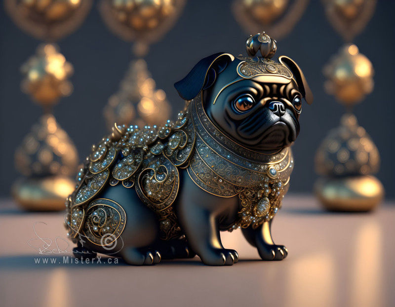 An adorned pug dog with a crown sits on a shiny floor that has reflections from golden shapes in the background.
