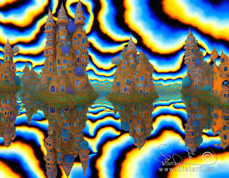 Odd shaped buildings sit on the waters edge under a psychedelic black, blue, and yellow sky. All is reflected in the water.