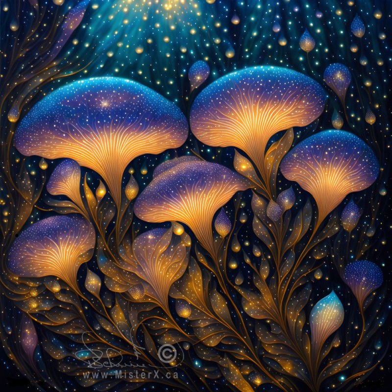 Mushroom-like plants with leaves glow and sparkle in a dark starry environment.