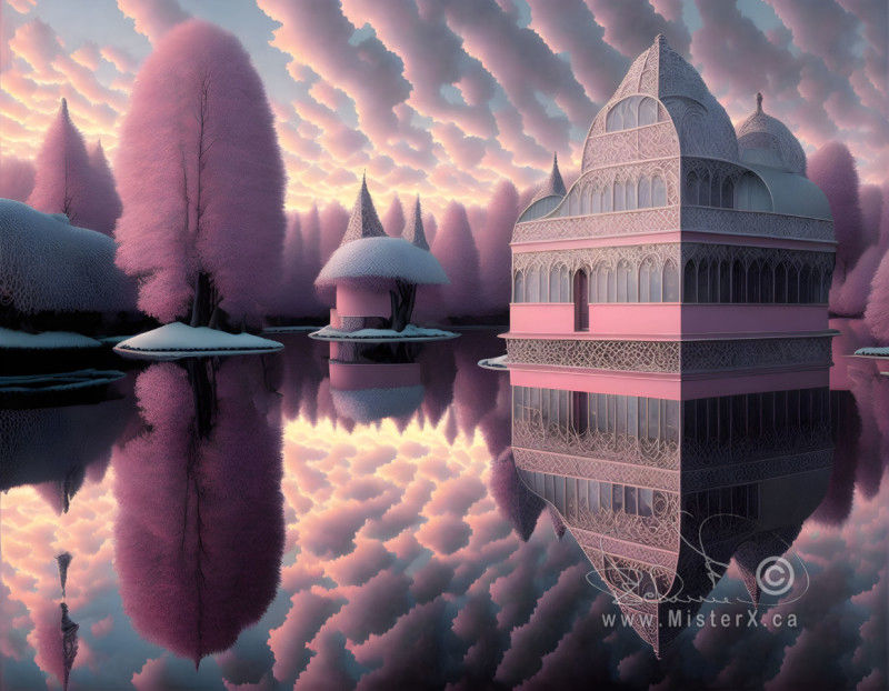 A pink palace sits in a pond that is reflecting it and the pink trees and clouds.