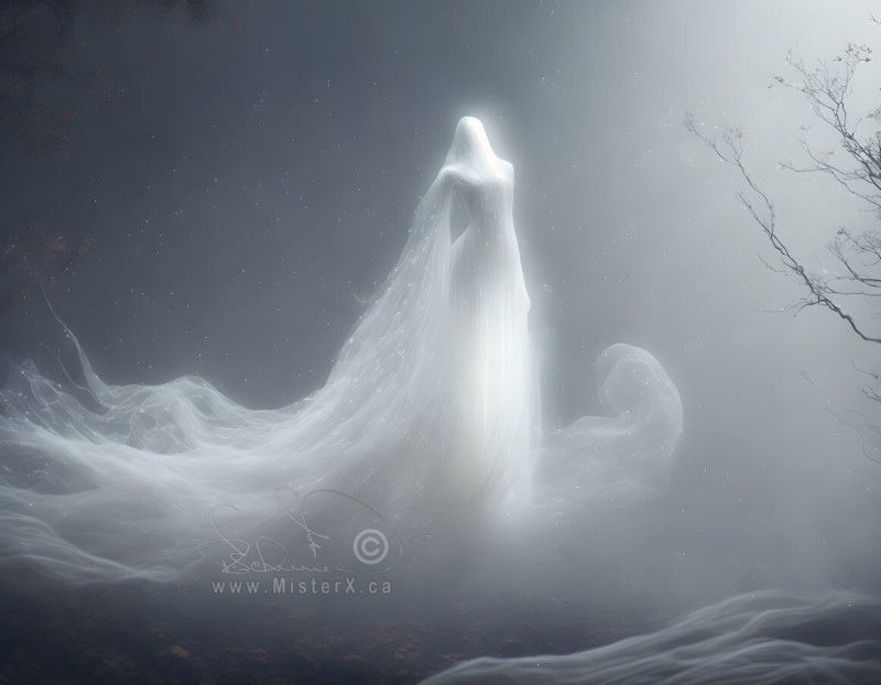 A spectral female being with no facial features can be seen materializing in a foggy backgound.