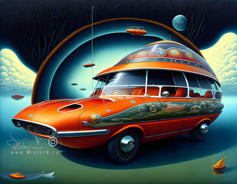 A bizarre orange station wagon car with murals and a roof like a hat. Dark cloudy sky and little boats in the foreground.