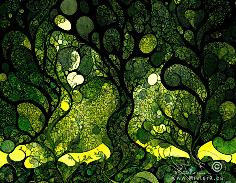 An abstract picture made from black and green swirling shapes that appear to be trees in the shade with bits of light shining through.