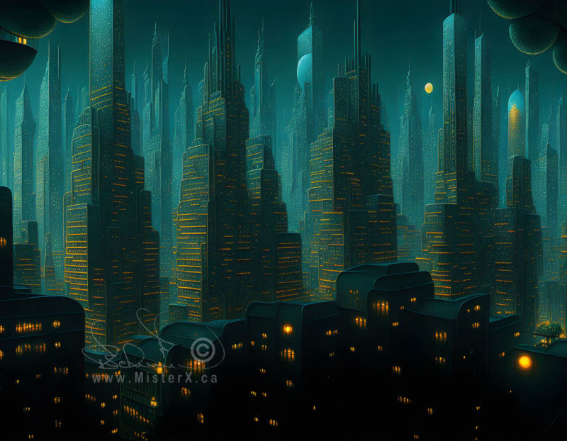 A crowded city scene filled with similar looking skyscrapes. It is a dark image and the buildings are lit with hundreds of tiny lights.