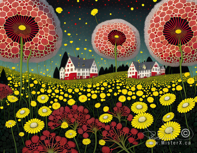 White and red houses with gray roofs are on the horizon of a field filled with yellow and red flowers. Flowers float in the changing gradient sky.