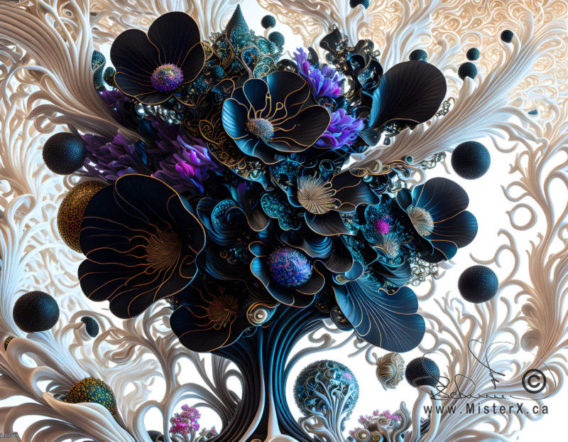 A bouquet of black flowers set against a white background with creme colored biomorphic shapes.