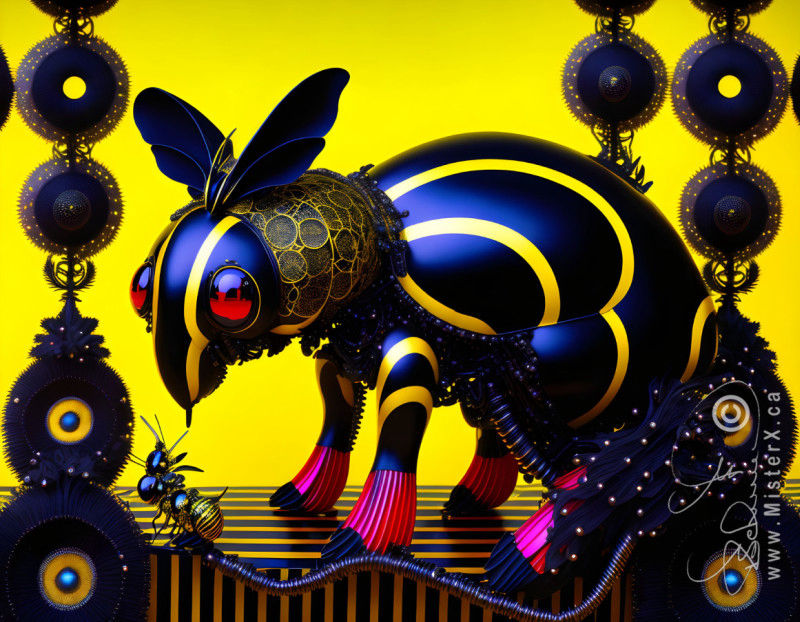 A shiny black creature with yellow stripes and four legs has a head with large ears, big red eyes, and a nose with a stinger.