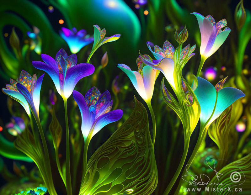 Stange glowing biomorphic flowers, stems, and leaves are seen in a dark setting with other glowing shapes in the background.