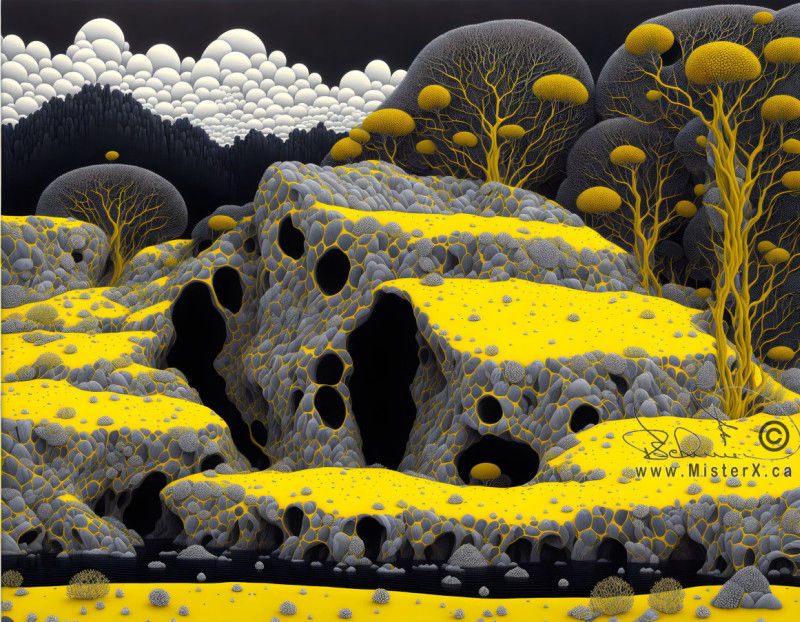 A rocky outcrop in yellow, black, and gray shades with yellow grass and golden trees.